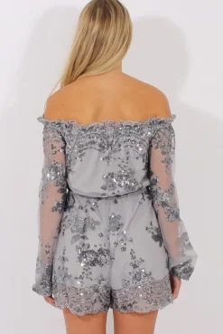 Rebellious Fashion Grey Mesh Layer Sequin Bardot Playsuit - Leonie