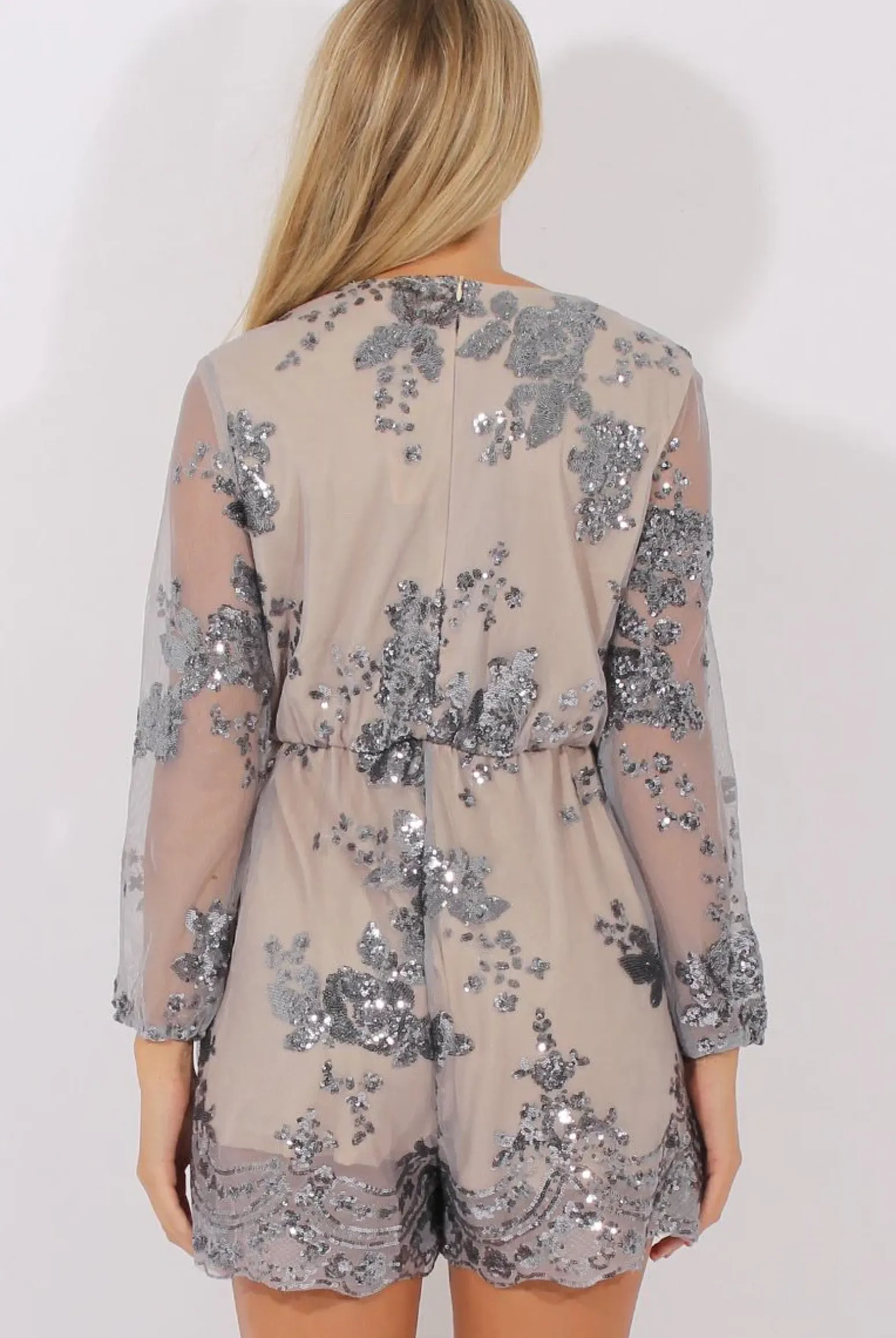 Rebellious Fashion Grey Mesh Layer Sequin Playsuit - Rowan