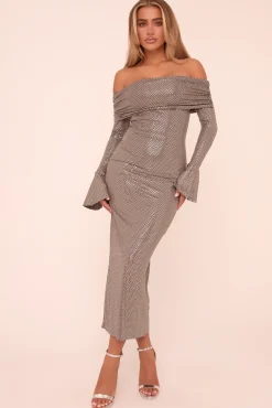 Rebellious Fashion Grey Metallic Bardot Long Sleeves Maxi Dress - Sharron