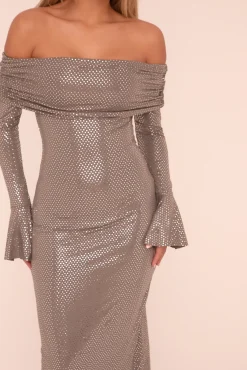 Rebellious Fashion Grey Metallic Bardot Long Sleeves Maxi Dress - Sharron