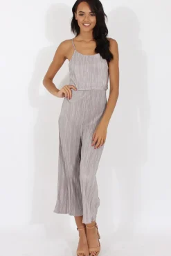 Rebellious Fashion Grey Metallic Pleated Cropped Jumpsuit - Arabella