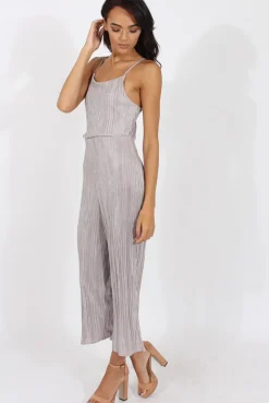 Rebellious Fashion Grey Metallic Pleated Cropped Jumpsuit - Arabella