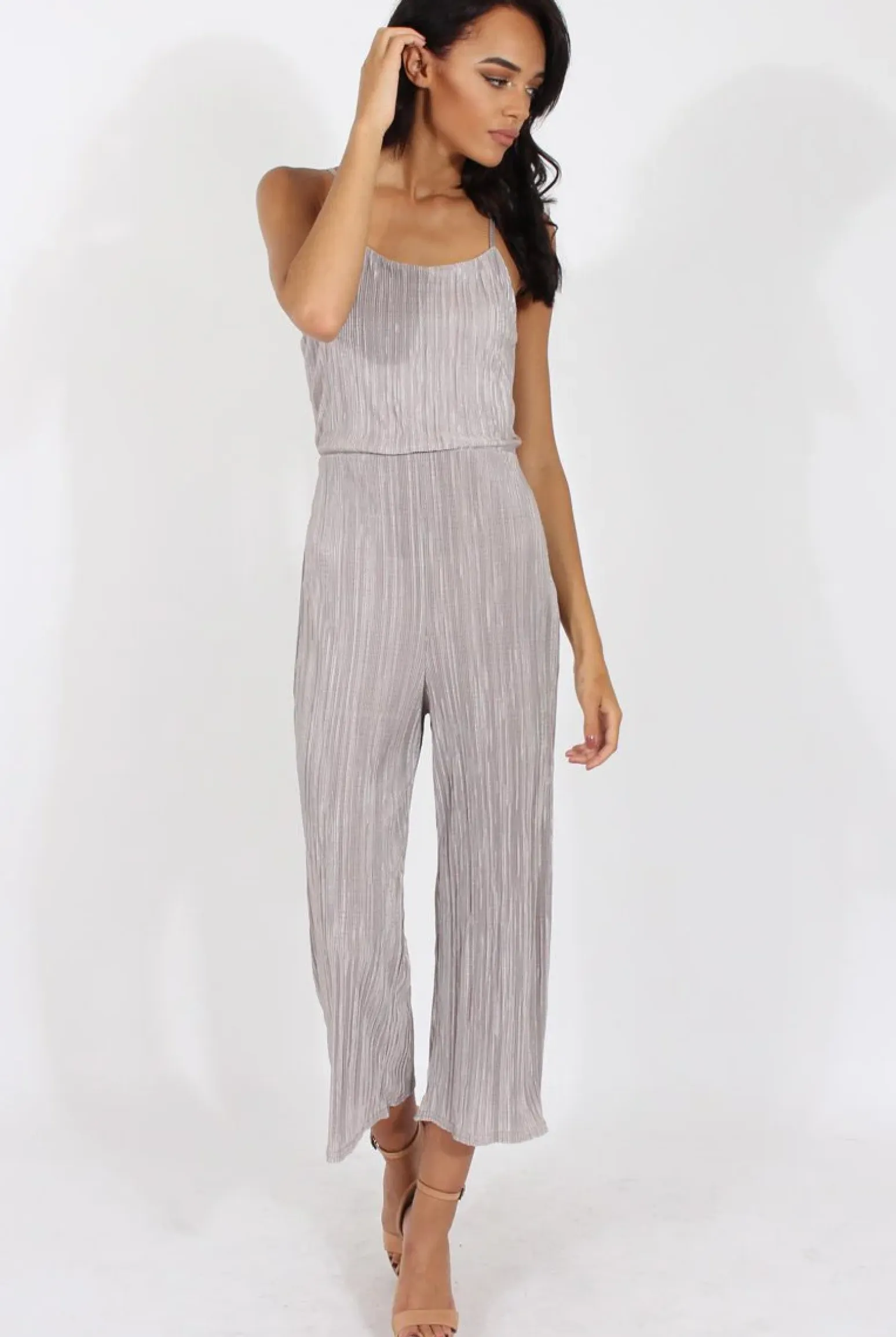 Rebellious Fashion Grey Metallic Pleated Cropped Jumpsuit - Arabella