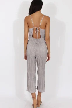 Rebellious Fashion Grey Metallic Pleated Cropped Jumpsuit - Arabella