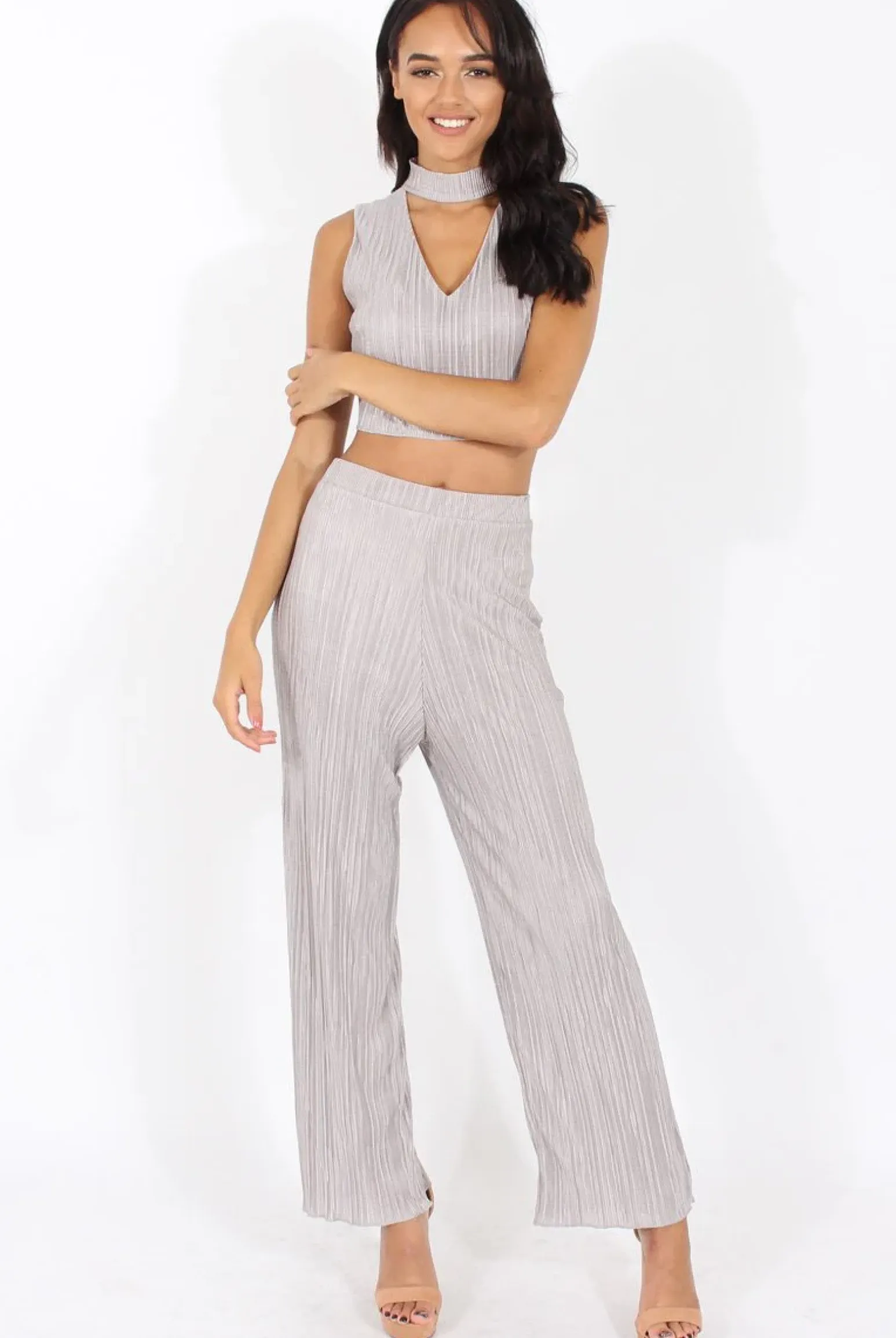 Rebellious Fashion Grey Metallic Pleated High Neck Cut Out Crop Top - Polly