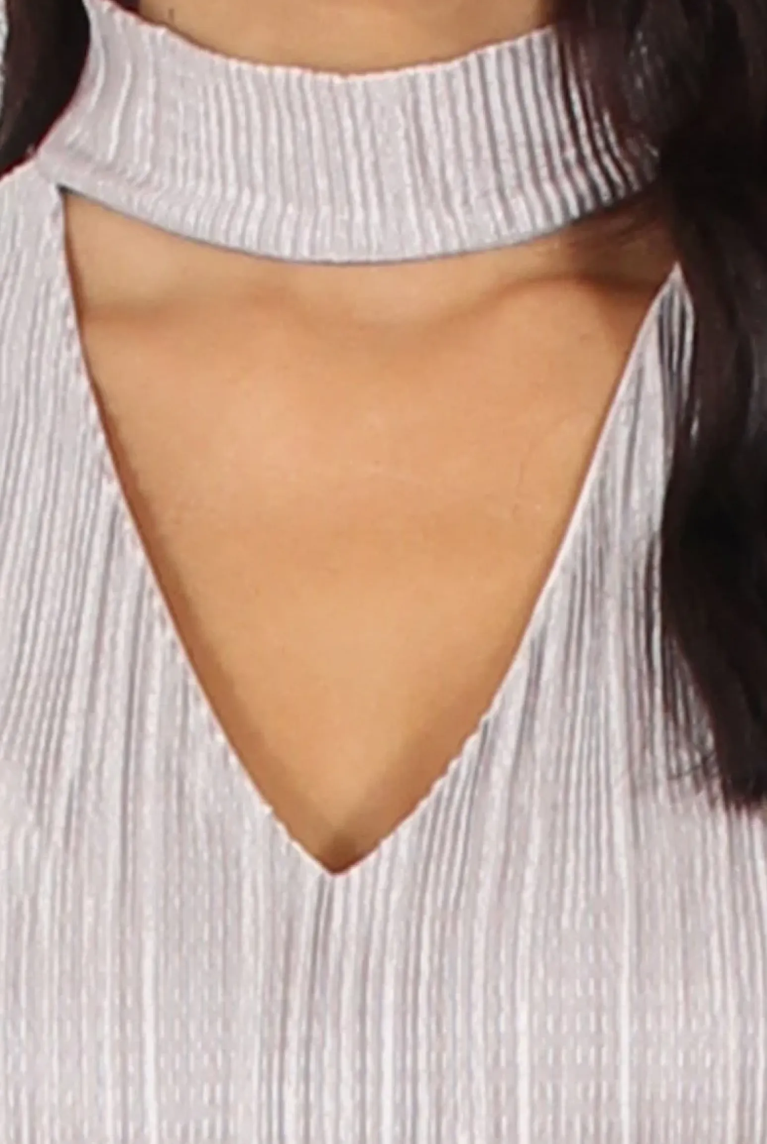 Rebellious Fashion Grey Metallic Pleated High Neck Cut Out Crop Top - Polly