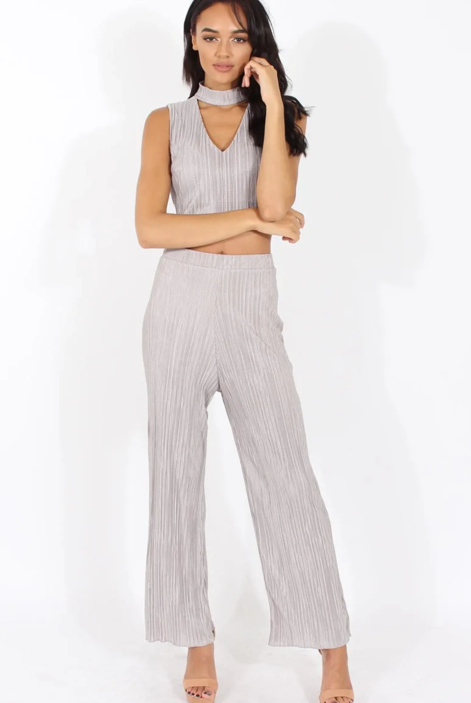 Rebellious Fashion Grey Metallic Pleated High Waisted Trousers - Phoebe