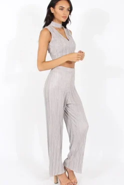 Rebellious Fashion Grey Metallic Pleated High Waisted Trousers - Phoebe