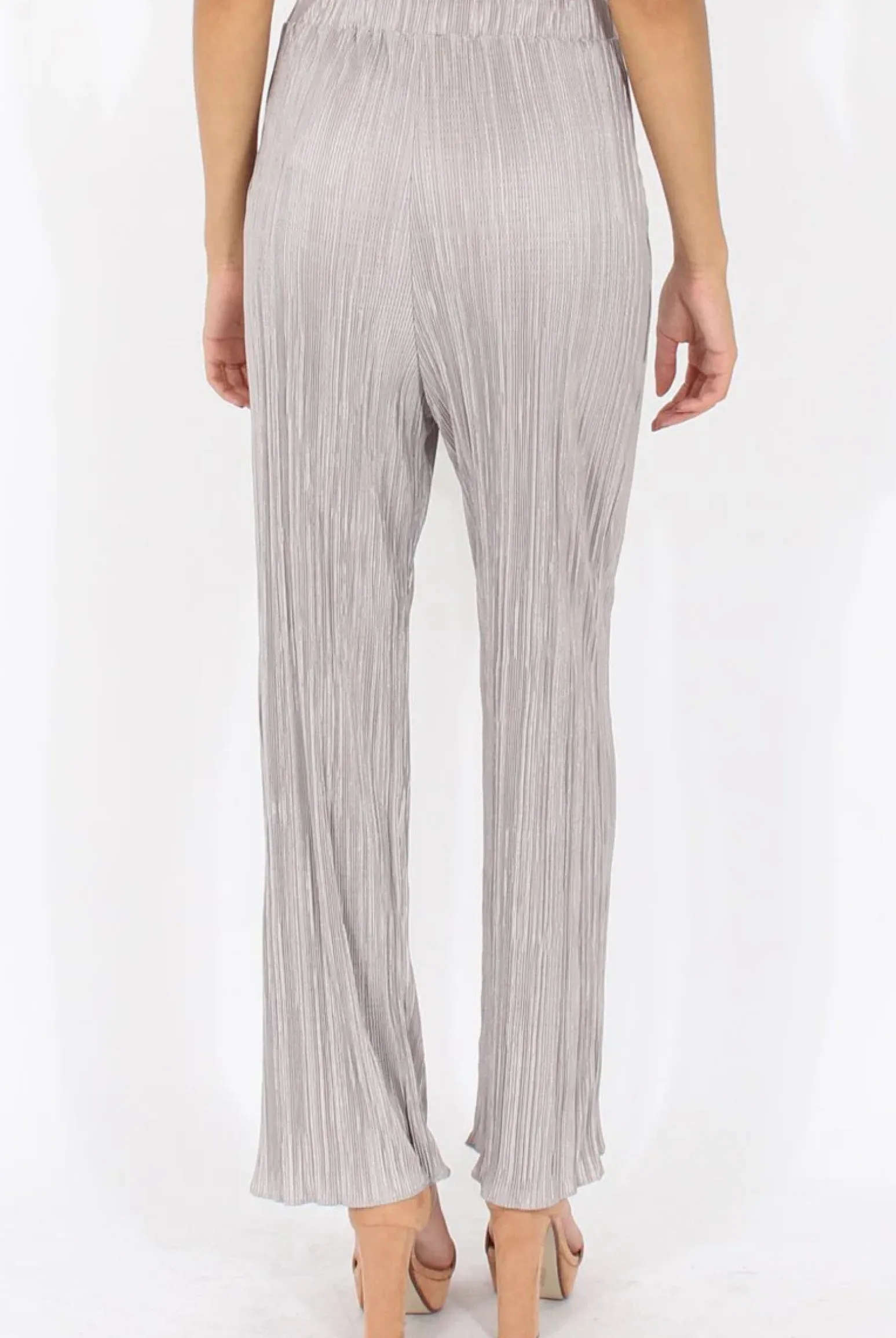 Rebellious Fashion Grey Metallic Pleated High Waisted Trousers - Phoebe