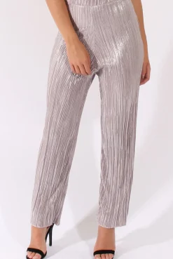 Rebellious Fashion Grey Metallic Shimmer Pleated High Waisted Trousers - Phoebe