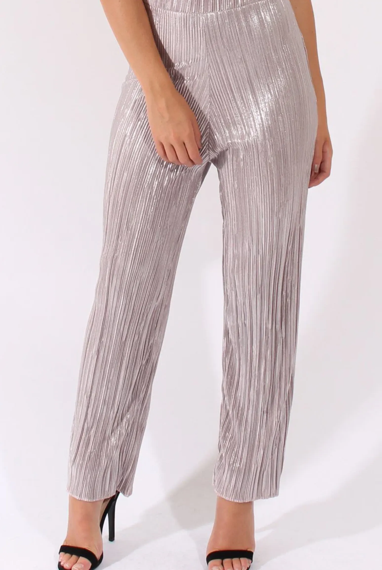 Rebellious Fashion Grey Metallic Shimmer Pleated High Waisted Trousers - Phoebe