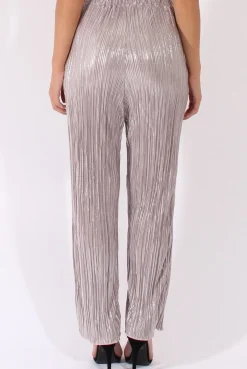Rebellious Fashion Grey Metallic Shimmer Pleated High Waisted Trousers - Phoebe