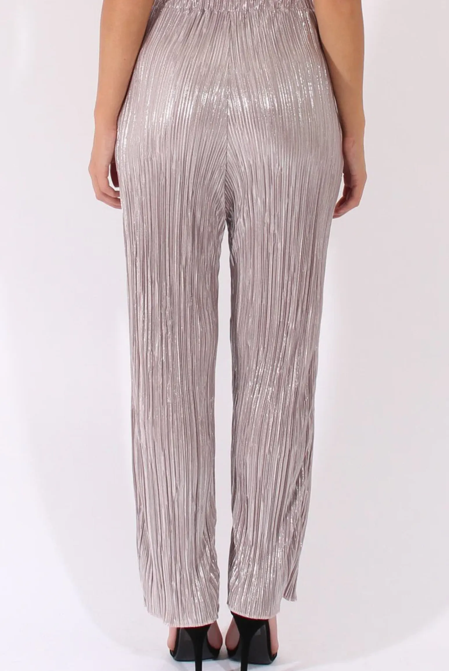 Rebellious Fashion Grey Metallic Shimmer Pleated High Waisted Trousers - Phoebe
