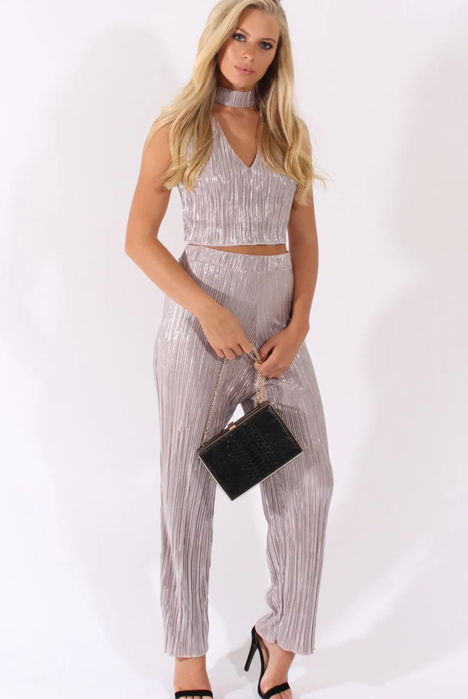 Rebellious Fashion Grey Metallic Shimmer Pleated High Neck Cut Out Crop Top - Polly