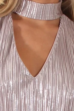 Rebellious Fashion Grey Metallic Shimmer Pleated High Neck Cut Out Crop Top - Polly