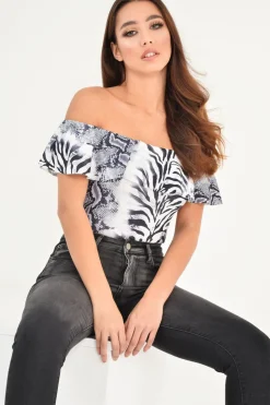 Rebellious Fashion Grey Mixed Animal Print Bardot Bodysuit - Jaye