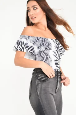 Rebellious Fashion Grey Mixed Animal Print Bardot Bodysuit - Jaye