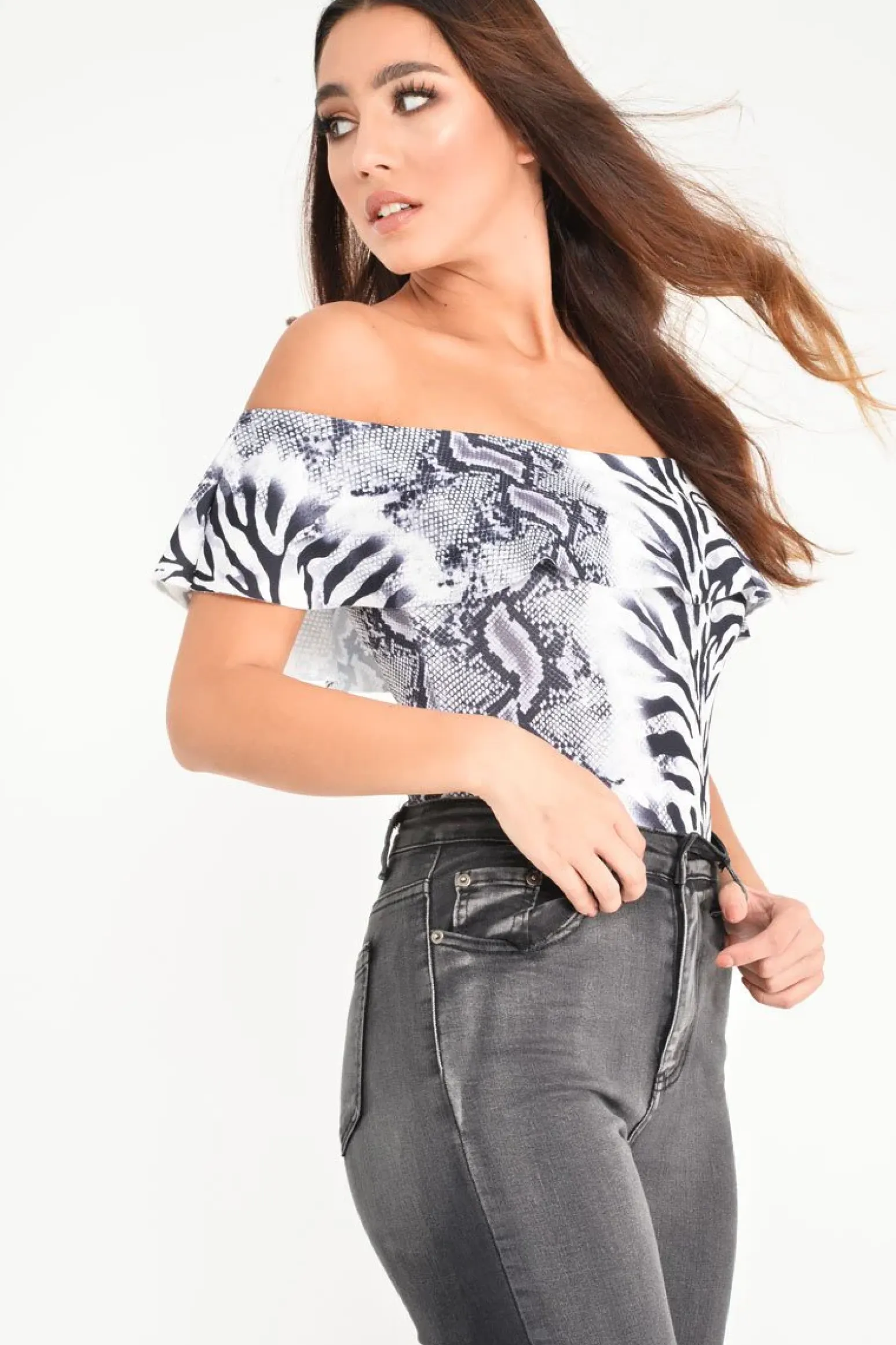 Rebellious Fashion Grey Mixed Animal Print Bardot Bodysuit - Jaye