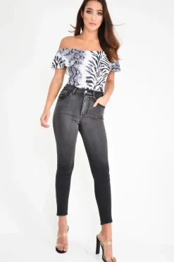 Rebellious Fashion Grey Mixed Animal Print Bardot Bodysuit - Jaye