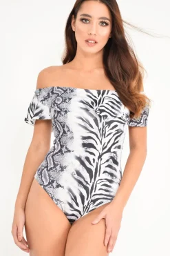 Rebellious Fashion Grey Mixed Animal Print Bardot Bodysuit - Jaye