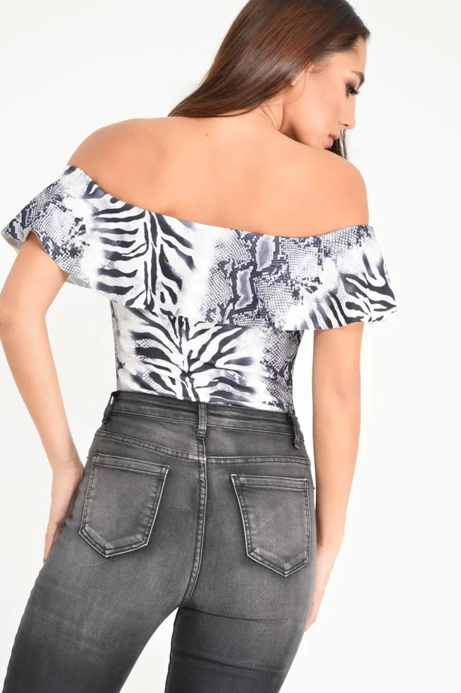 Rebellious Fashion Grey Mixed Animal Print Bardot Bodysuit - Jaye