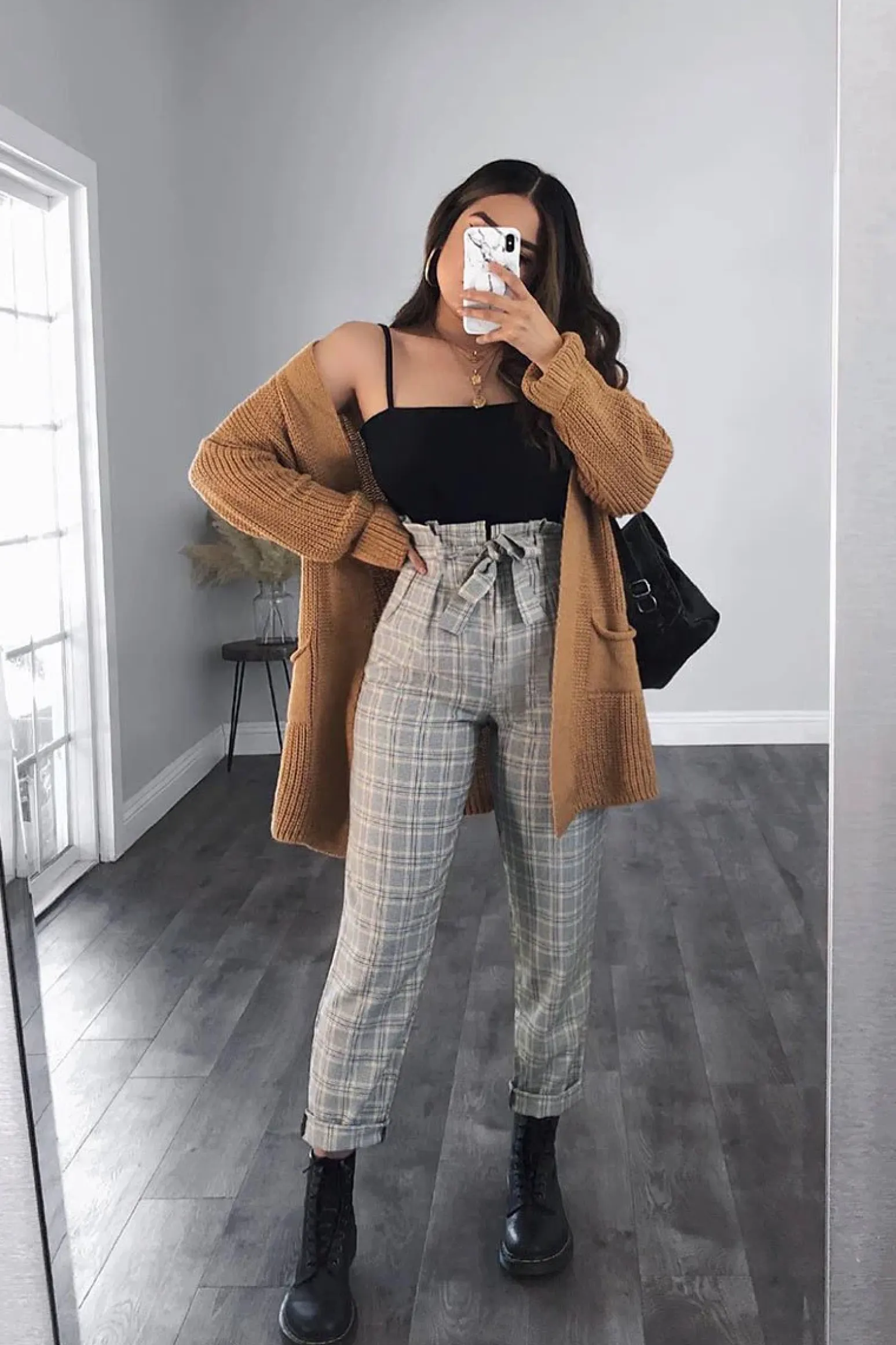 Rebellious Fashion Grey Mustard Check Tie Waist Tapered Trousers - Nikita