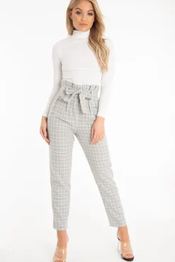 Rebellious Fashion Grey Mustard Check Tie Waist Tapered Trousers - Nikita