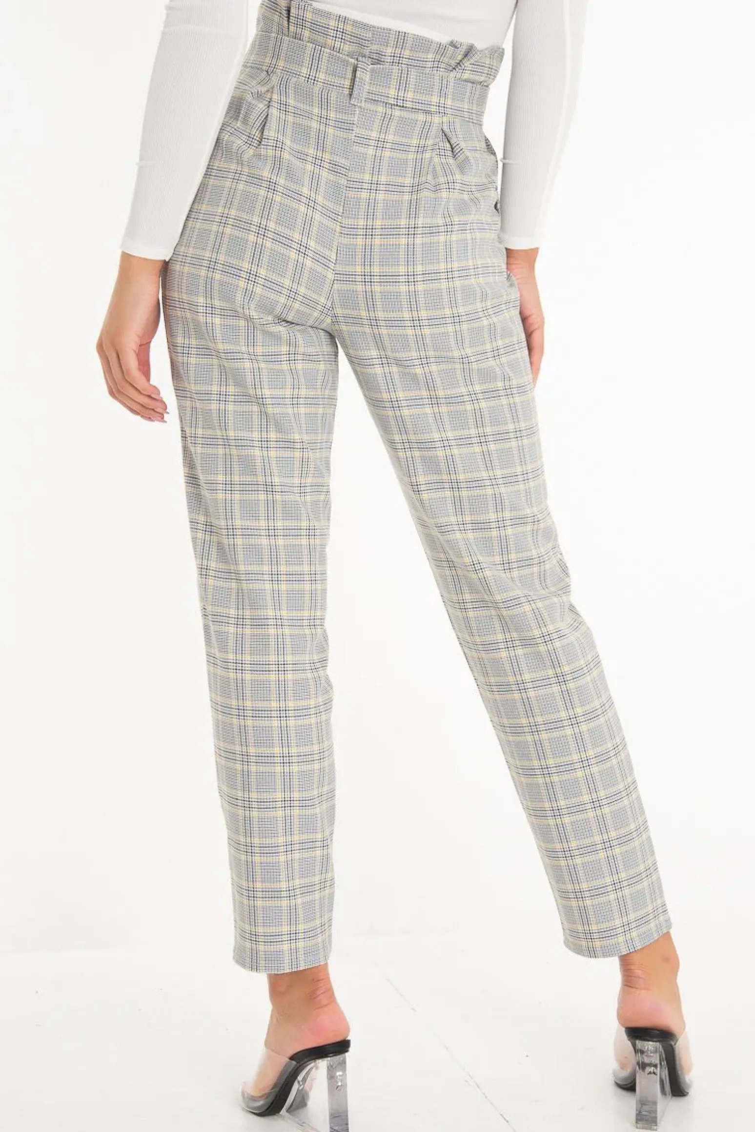 Rebellious Fashion Grey Mustard Check Tie Waist Tapered Trousers - Nikita