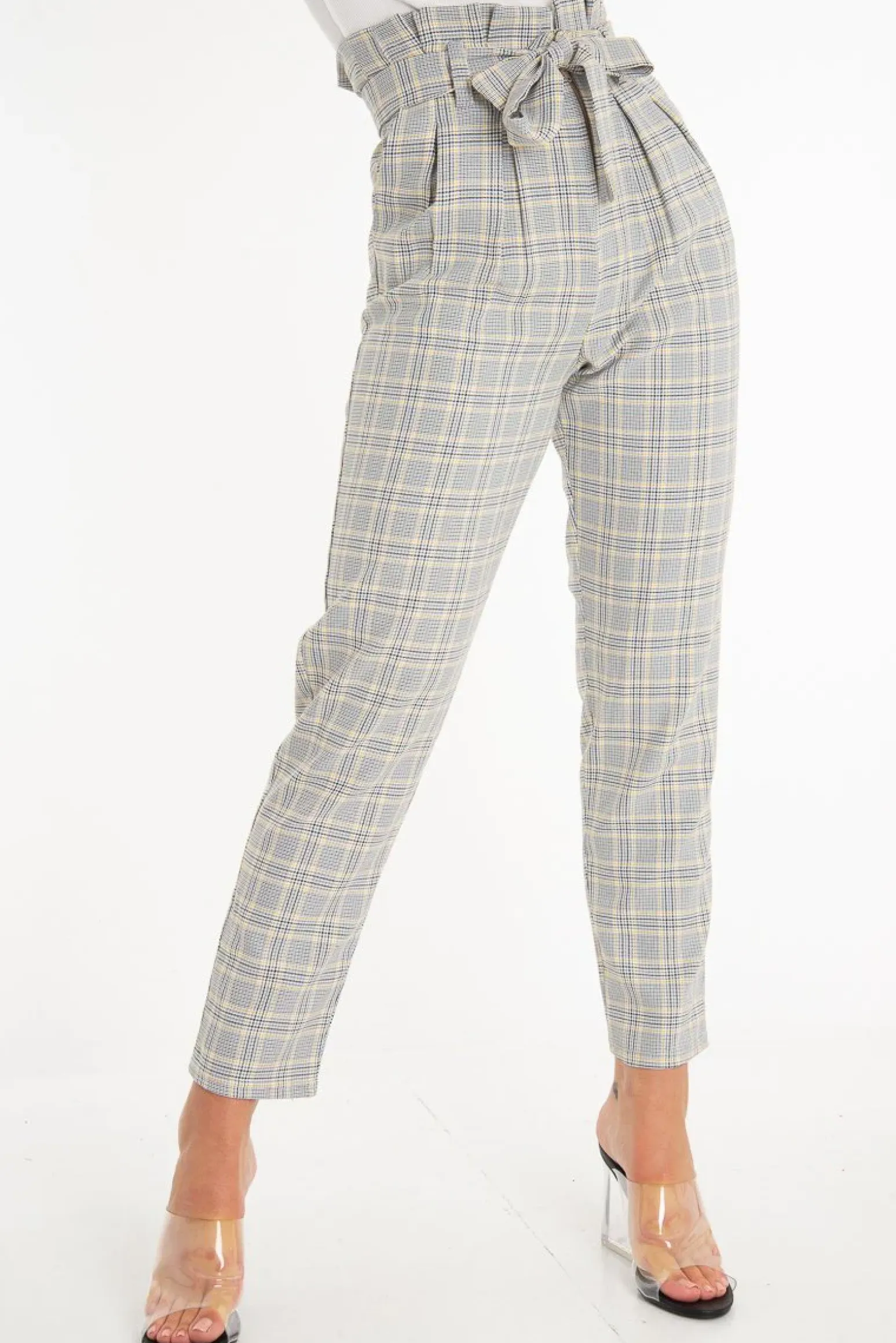 Rebellious Fashion Grey Mustard Check Tie Waist Tapered Trousers - Nikita