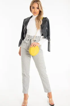 Rebellious Fashion Grey Mustard Check Tie Waist Tapered Trousers - Nikita