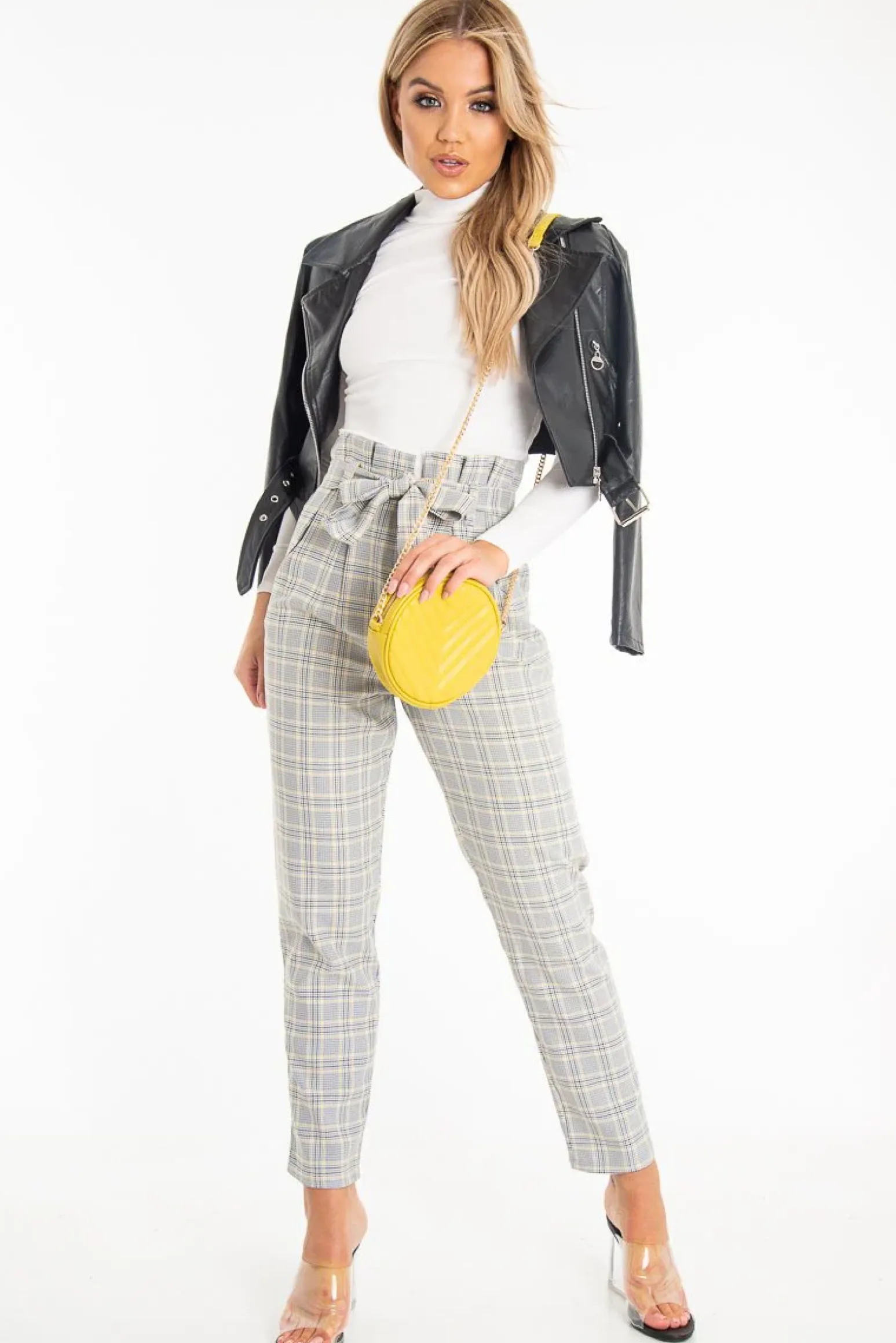 Rebellious Fashion Grey Mustard Check Tie Waist Tapered Trousers - Nikita