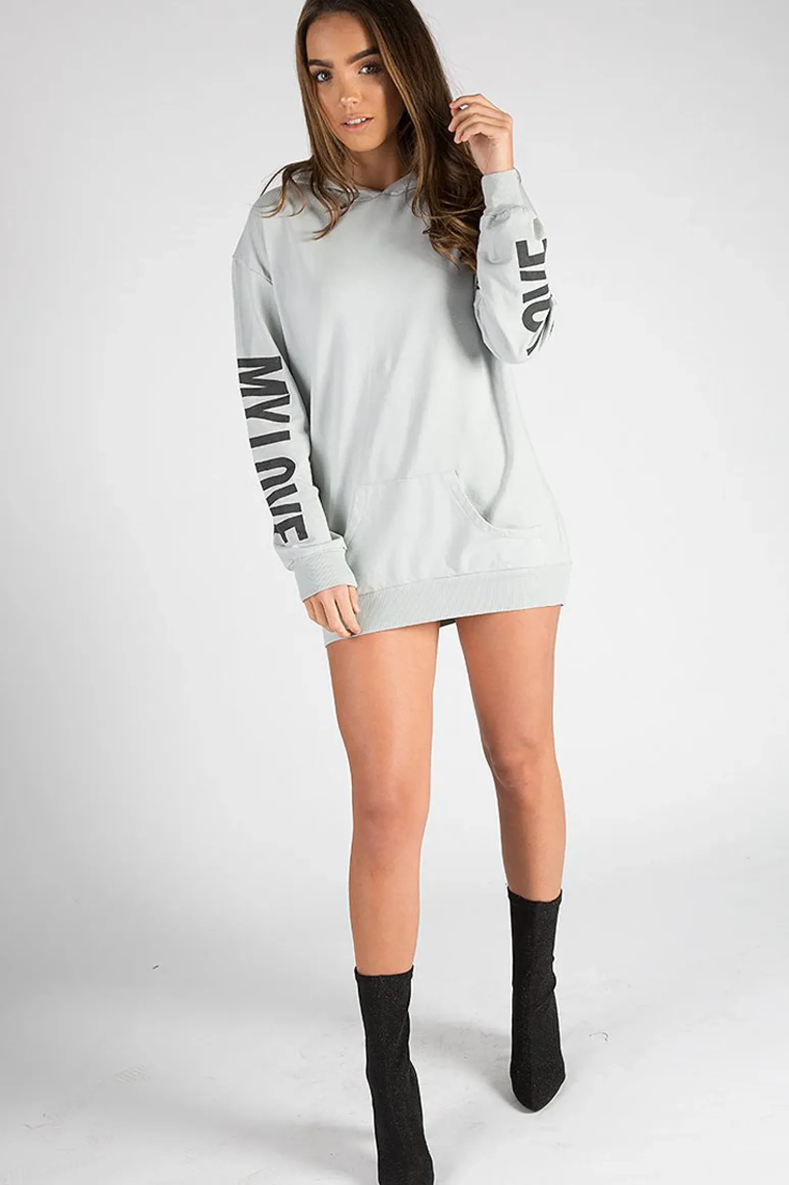 Rebellious Fashion Grey 'My Love' Slogan Oversized Hoodie - Tish