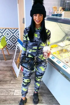 Rebellious Fashion Grey Neon Camo Stripe Side Crop Tracksuit - Misha