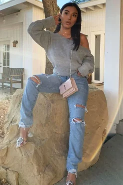 Rebellious Fashion Grey Off Shoulder Knit Jumper - Brithany