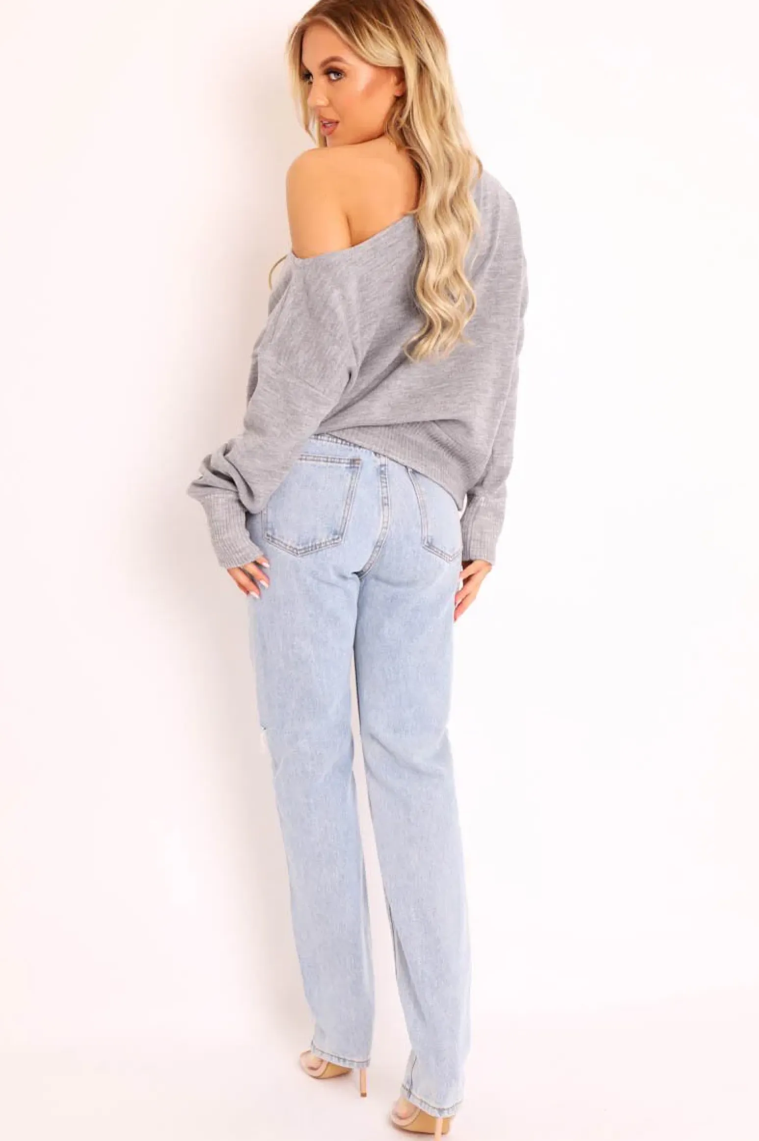 Rebellious Fashion Grey Off Shoulder Knit Jumper - Brithany