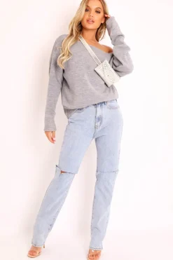 Rebellious Fashion Grey Off Shoulder Knit Jumper - Brithany