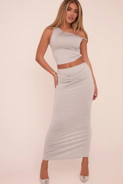 Rebellious Fashion Grey One shoulder Crop Top & Maxi Skirt Co-ord Set - Oprah