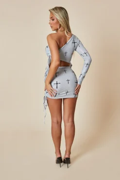 Rebellious Fashion Grey One Sleeve Cross Print Side Asymmetric Top & Mini Skirt Set - Paloma