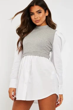 Rebellious Fashion Grey Overlay Detail Puff Sleeve White Shirt Dress - Olah