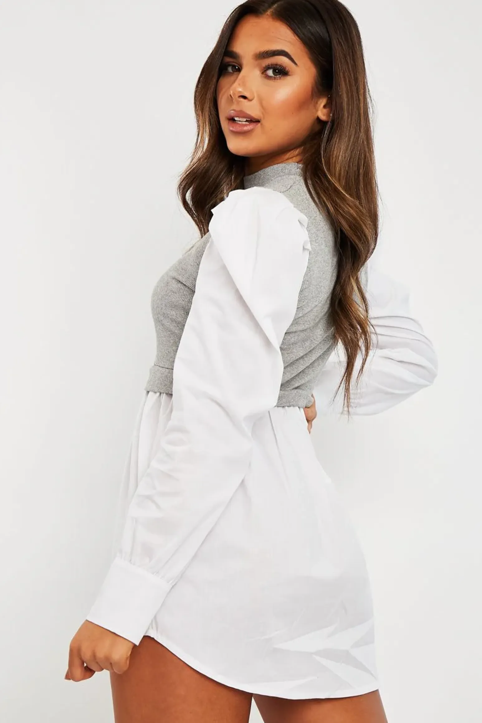 Rebellious Fashion Grey Overlay Detail Puff Sleeve White Shirt Dress - Olah
