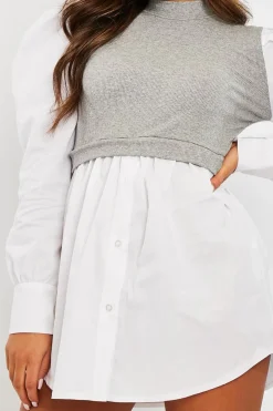 Rebellious Fashion Grey Overlay Detail Puff Sleeve White Shirt Dress - Olah