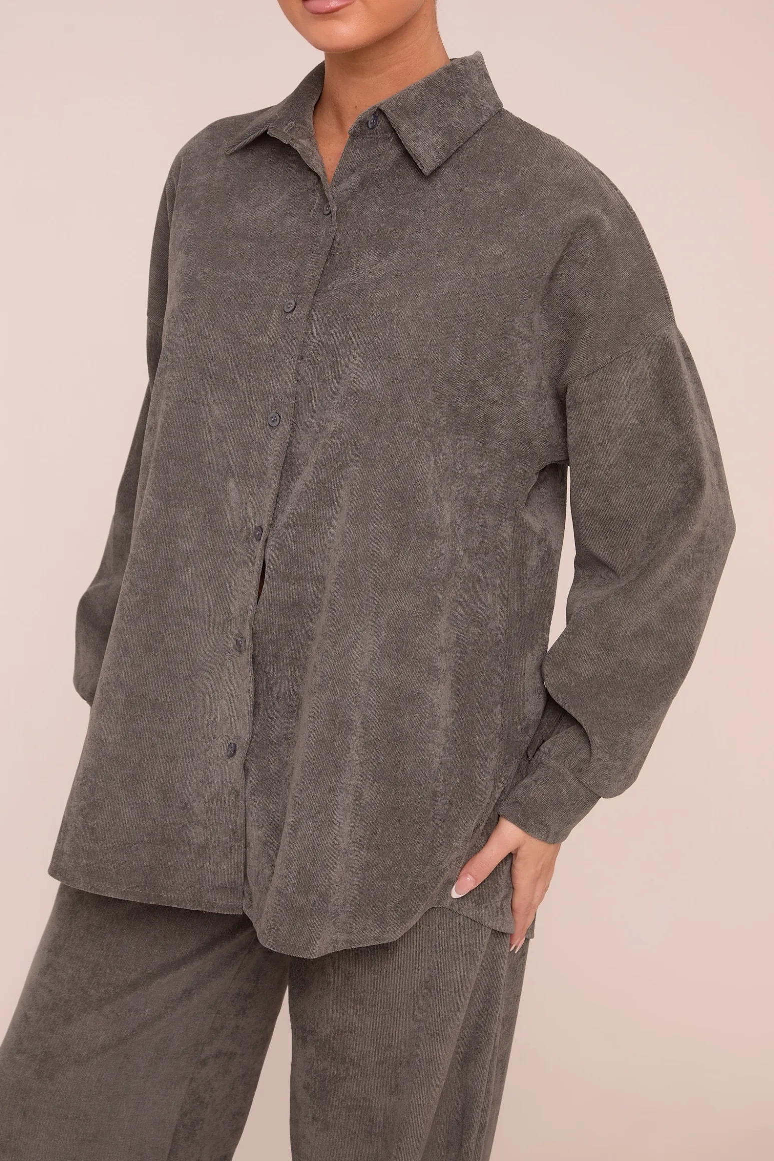Rebellious Fashion Grey Oversized Button Up Shirt & Straight Leg Trouser Co-ord Set - Rosalie