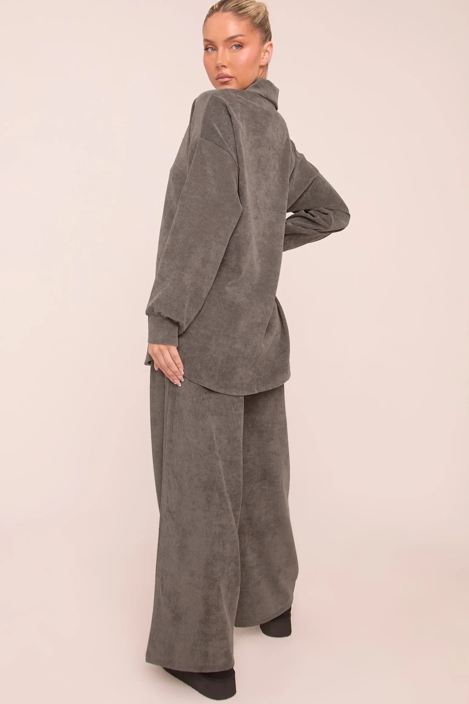 Rebellious Fashion Grey Oversized Button Up Shirt & Straight Leg Trouser Co-ord Set - Rosalie