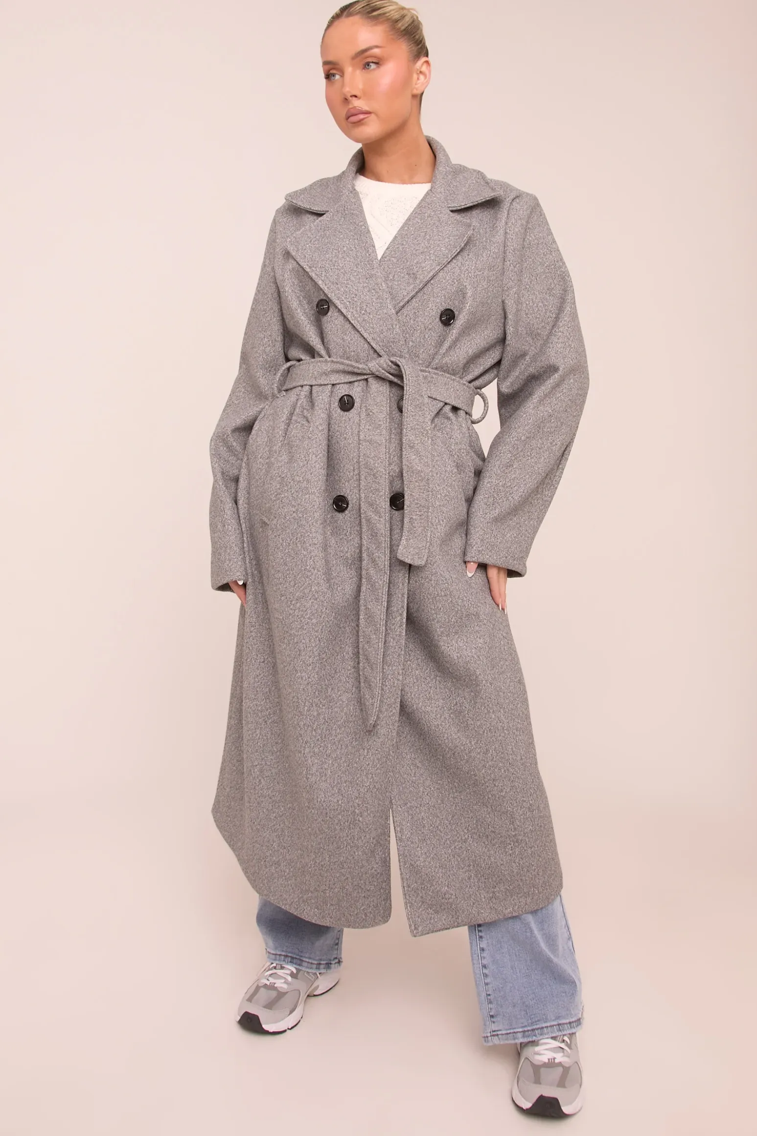 Rebellious Fashion Grey Oversized Double Breasted Wool Look Coat - Eloise