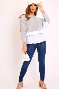 Rebellious Fashion Grey Oversized Knitted Shirt Jumper - Payslie