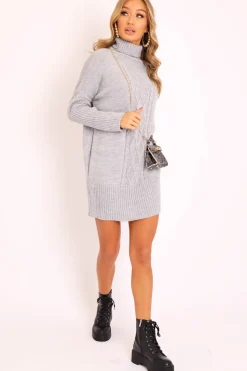 Rebellious Fashion Grey Oversized Knitted Turtle Neck Jumper Dress - Freyah