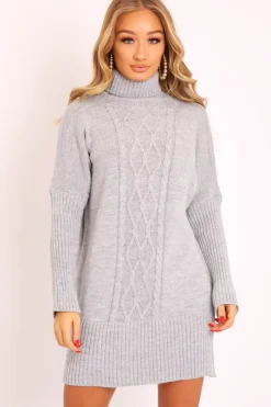 Rebellious Fashion Grey Oversized Knitted Turtle Neck Jumper Dress - Freyah