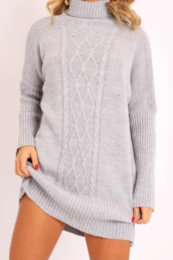 Rebellious Fashion Grey Oversized Knitted Turtle Neck Jumper Dress - Freyah