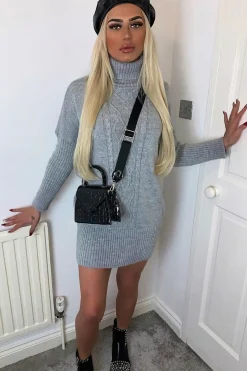 Rebellious Fashion Grey Oversized Knitted Turtle Neck Jumper Dress - Freyah