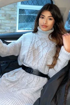 Rebellious Fashion Grey Oversized Knitted Turtle Neck Jumper Dress - Freyah